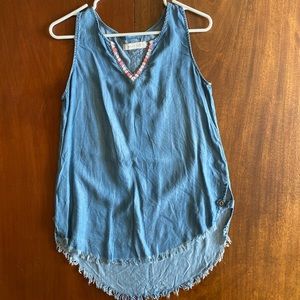 Billy T Blue Frayed Hem Chambray Top